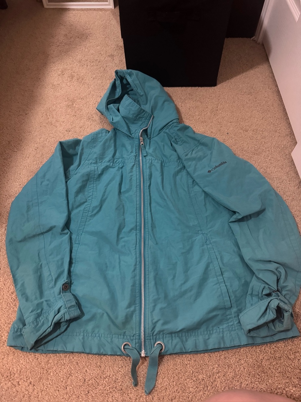 Vintage Columbia Teal Hooded Thin Weather Coat
